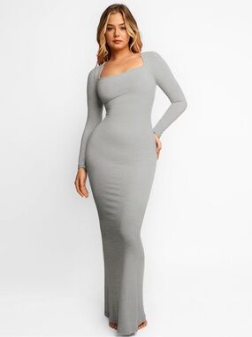 POPULISH Shapewear Slimming Modal Maxi Dress Long Sleeve Ribbed XS Bodycon Sexy